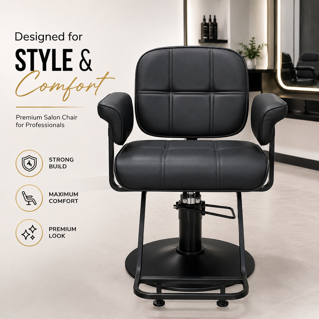 Professional Hydraulic Salon Styling Chair with Ergonomic Backrest, Thick Cushion Seat & Heavy-Duty Round Base | VYBEÂ®