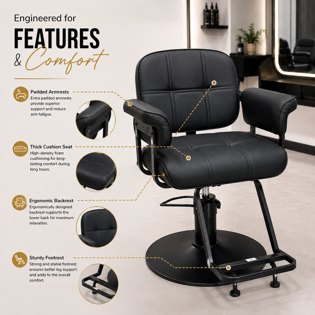 Professional Hydraulic Salon Styling Chair with Ergonomic Backrest, Thick Cushion Seat & Heavy-Duty Round Base | VYBEÂ®