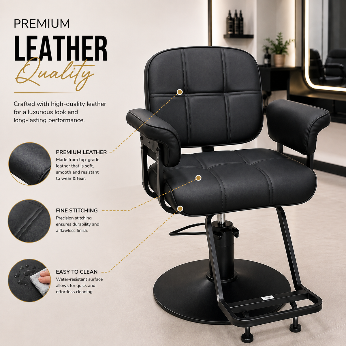 Professional Hydraulic Salon Styling Chair with Ergonomic Backrest, Thick Cushion Seat & Heavy-Duty Round Base | VYBEÂ®
