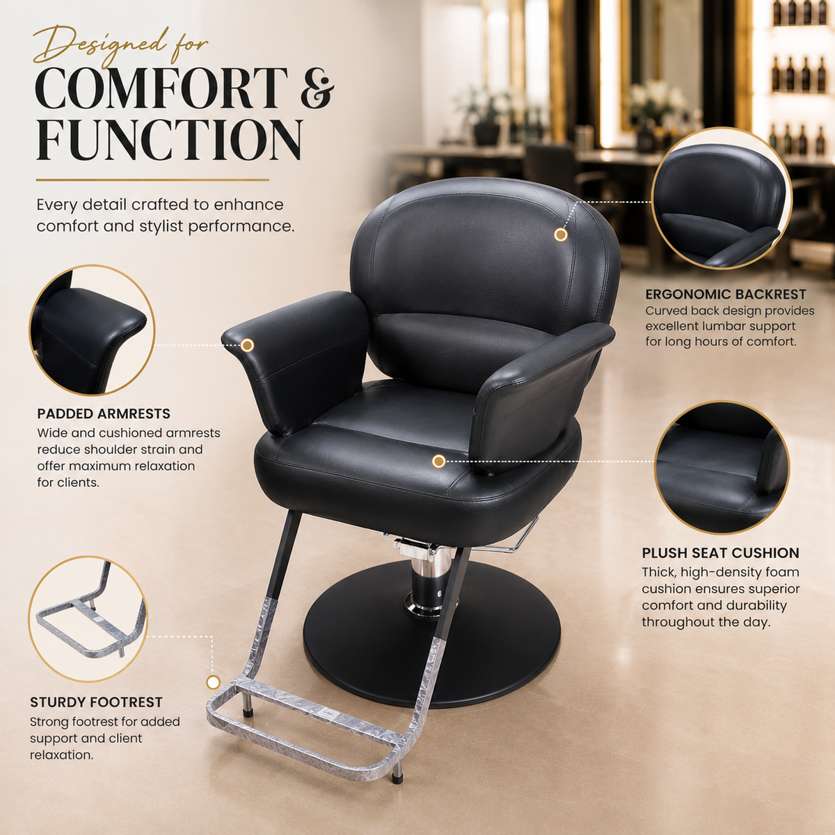 Professional Hydraulic Salon Styling Chair with Round Base & Footrest for Hair Salon, Barber Shop & Spa | VYBEÂ®