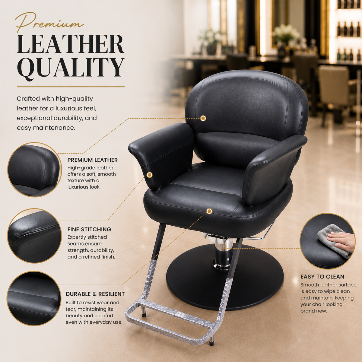 Professional Hydraulic Salon Styling Chair with Round Base & Footrest for Hair Salon, Barber Shop & Spa | VYBEÂ®