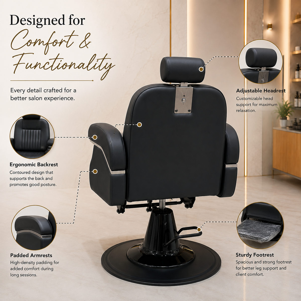 Luxury Professional Hydraulic Barber Chair with Adjustable Headrest & Reclining Backrest | VYBEÂ®