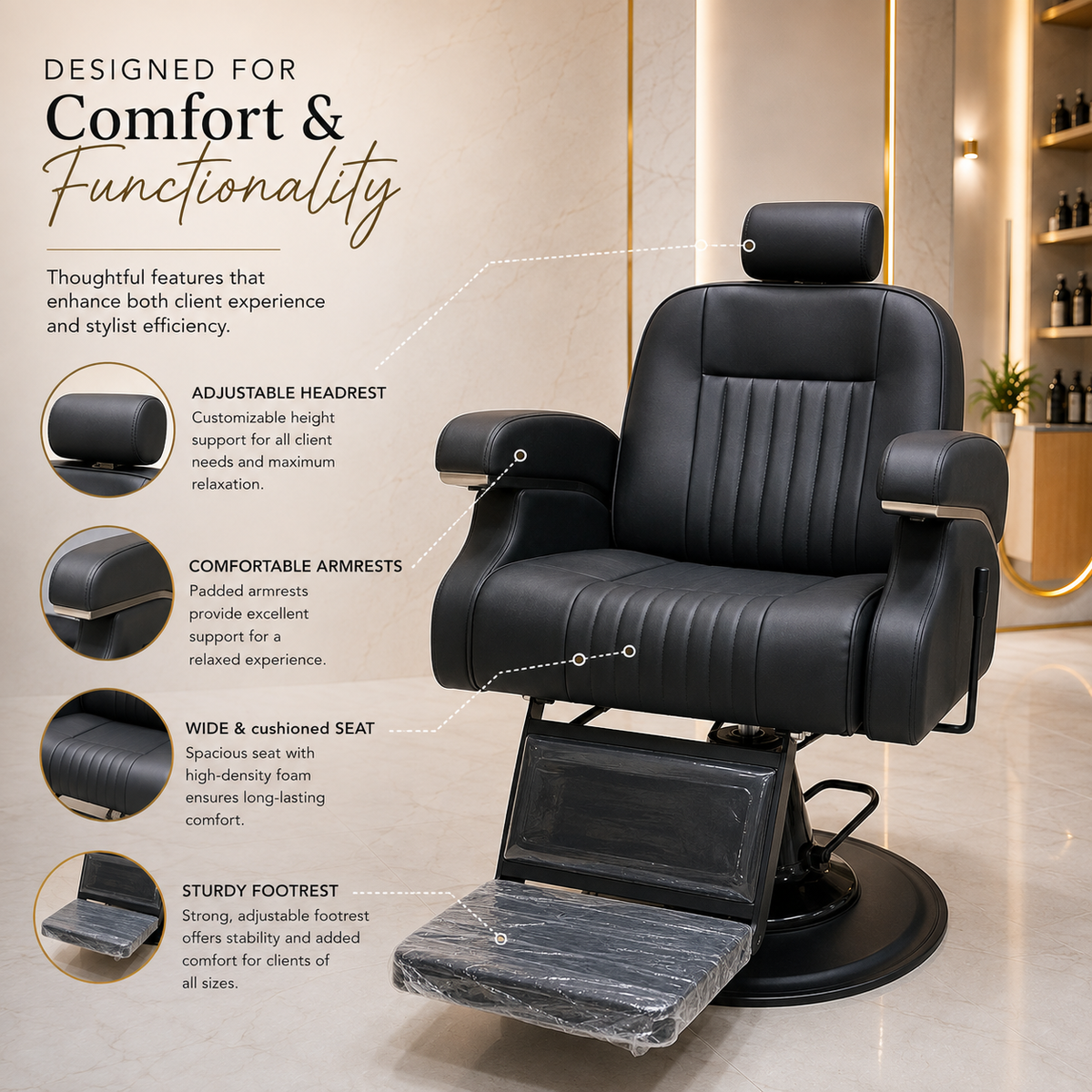 Luxury Professional Hydraulic Barber Chair with Adjustable Headrest & Reclining Backrest | VYBEÂ®