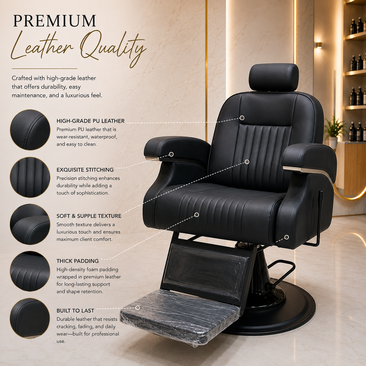 Luxury Professional Hydraulic Barber Chair with Adjustable Headrest & Reclining Backrest | VYBEÂ®