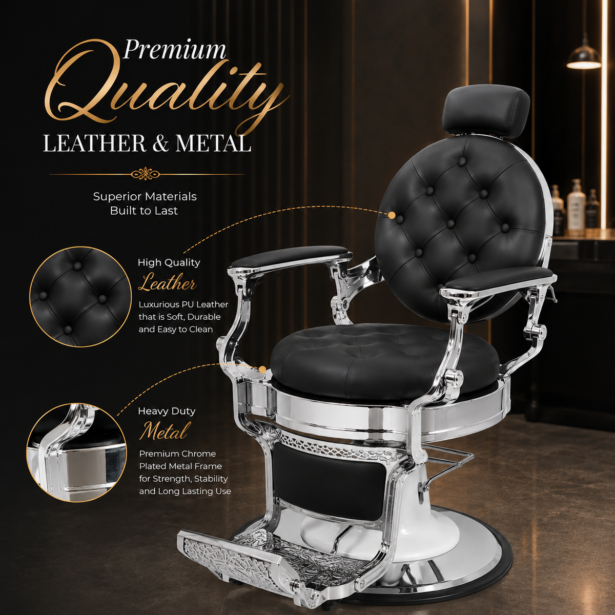 Vintage Luxury Hydraulic Barber Chair with Reclining Backrest & Adjustable Headrest | VYBEÂ®