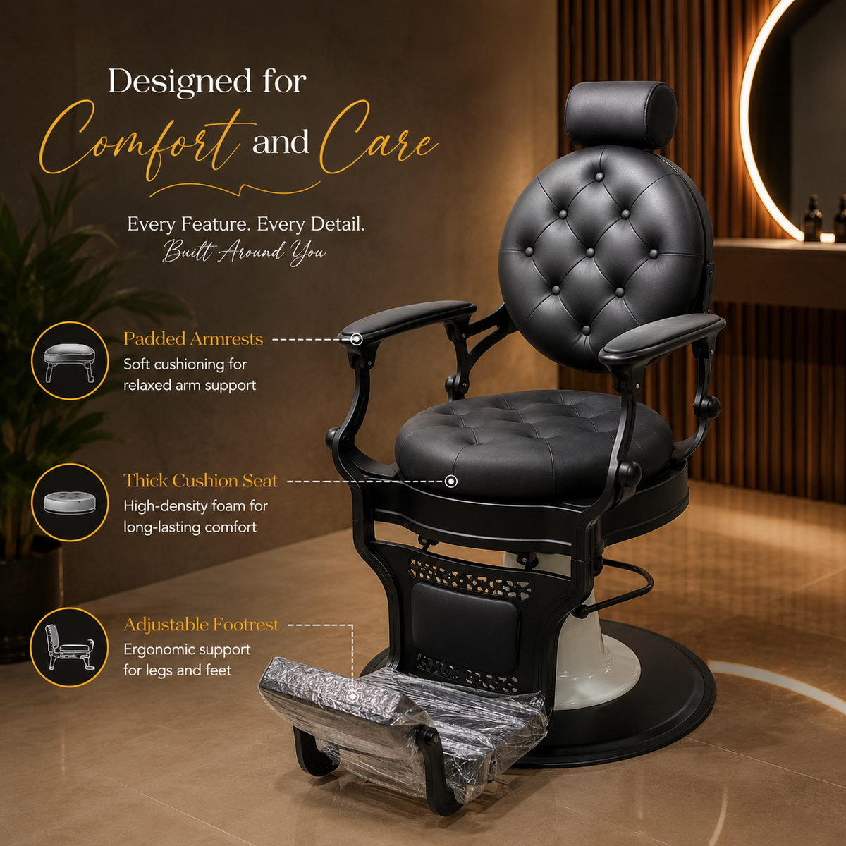 Professional Hydraulic Reclining Barber Chair with Adjustable Headrest & Footrest â€“ Heavy Duty Salon Styling Chair | VYBEÂ®