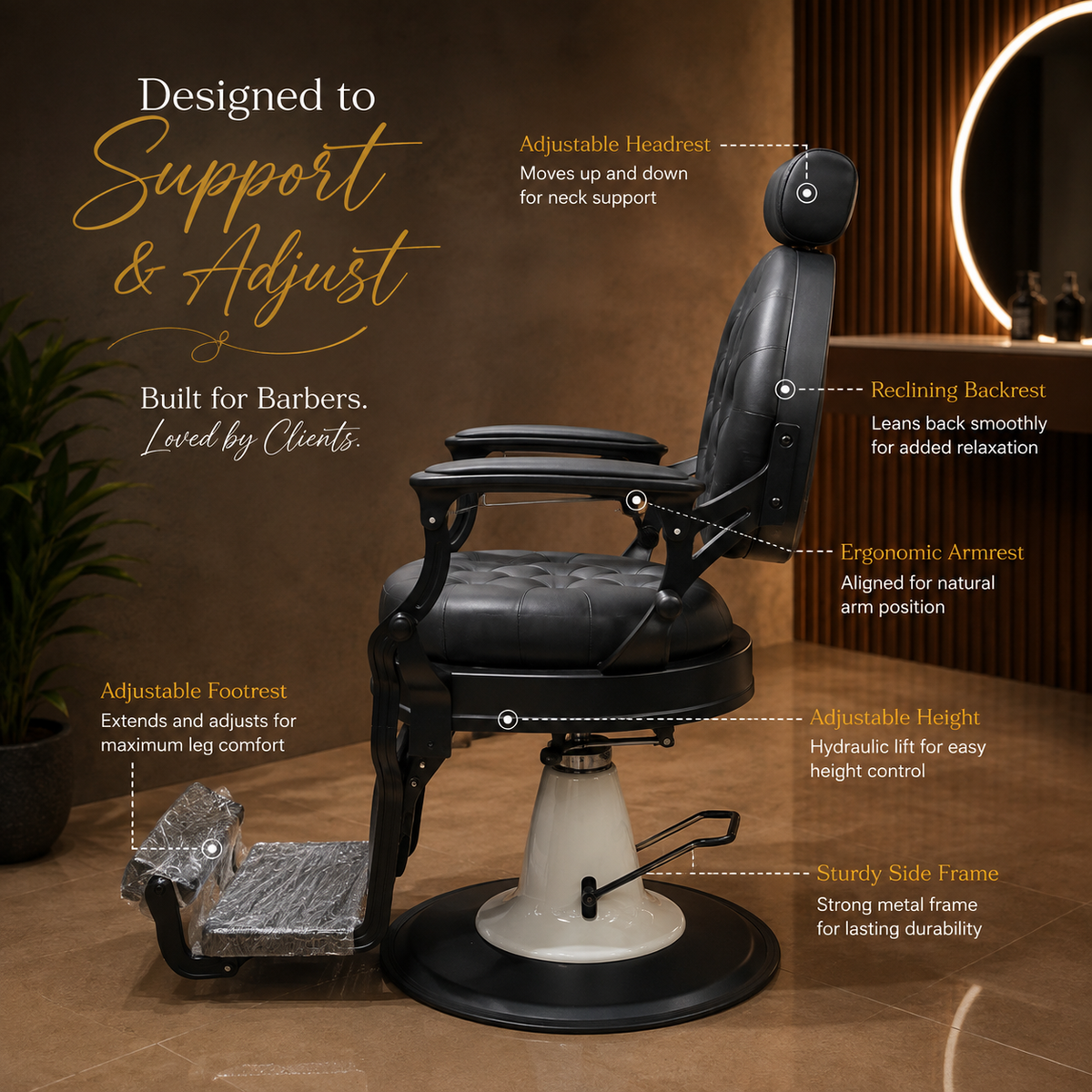 Professional Hydraulic Reclining Barber Chair with Adjustable Headrest & Footrest â€“ Heavy Duty Salon Styling Chair | VYBEÂ®