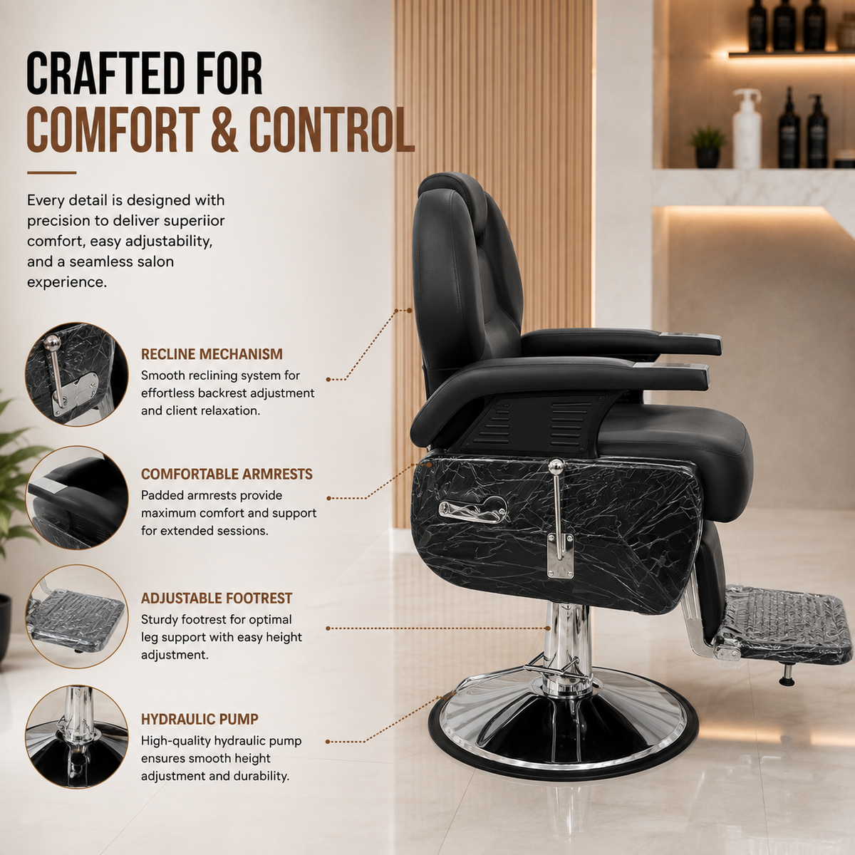 Professional Reclining Barber Chair Hydraulic Salon Styling Chair with Adjustable Headrest & Footrest | VYBEÂ®