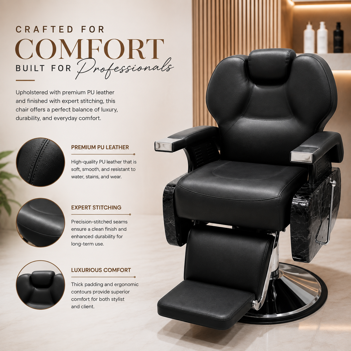 Professional Reclining Barber Chair Hydraulic Salon Styling Chair with Adjustable Headrest & Footrest | VYBEÂ®