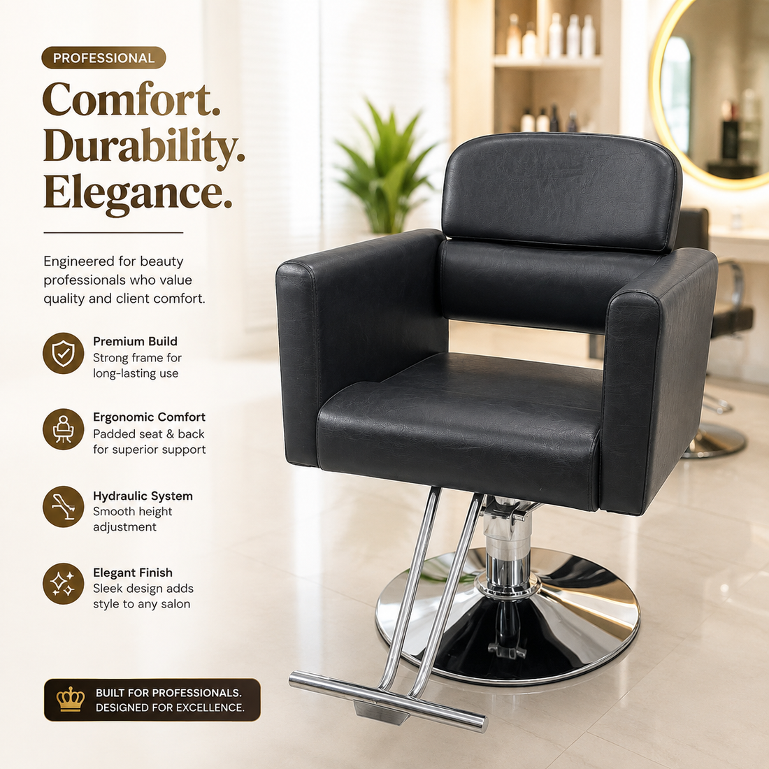 Professional Hydraulic Salon Styling Chair with Wide Cushioned Seat & Footrest for Hair Salon Spa Beauty Equipment Black | VYBEÂ®