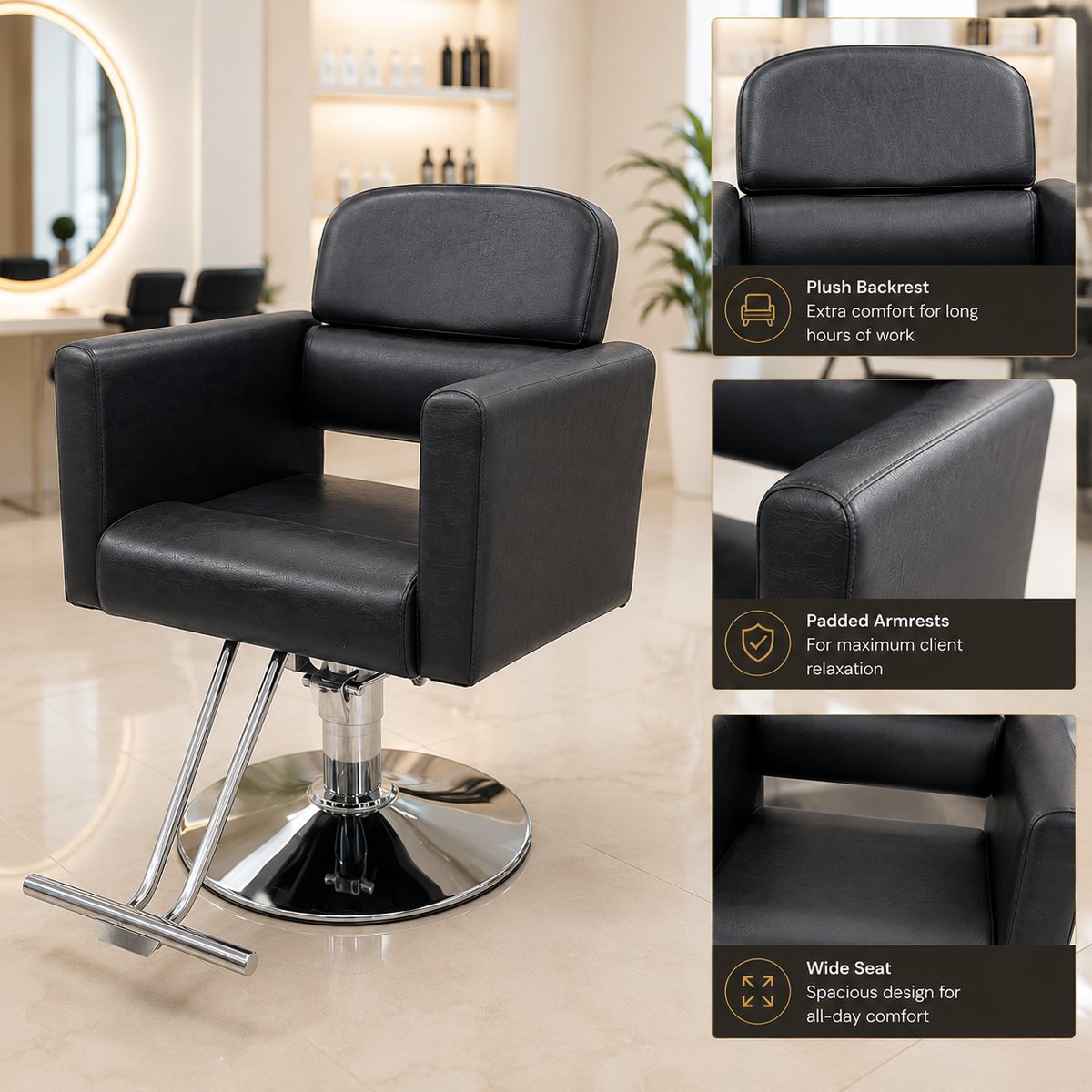 Professional Hydraulic Salon Styling Chair with Wide Cushioned Seat & Footrest for Hair Salon Spa Beauty Equipment Black | VYBEÂ®