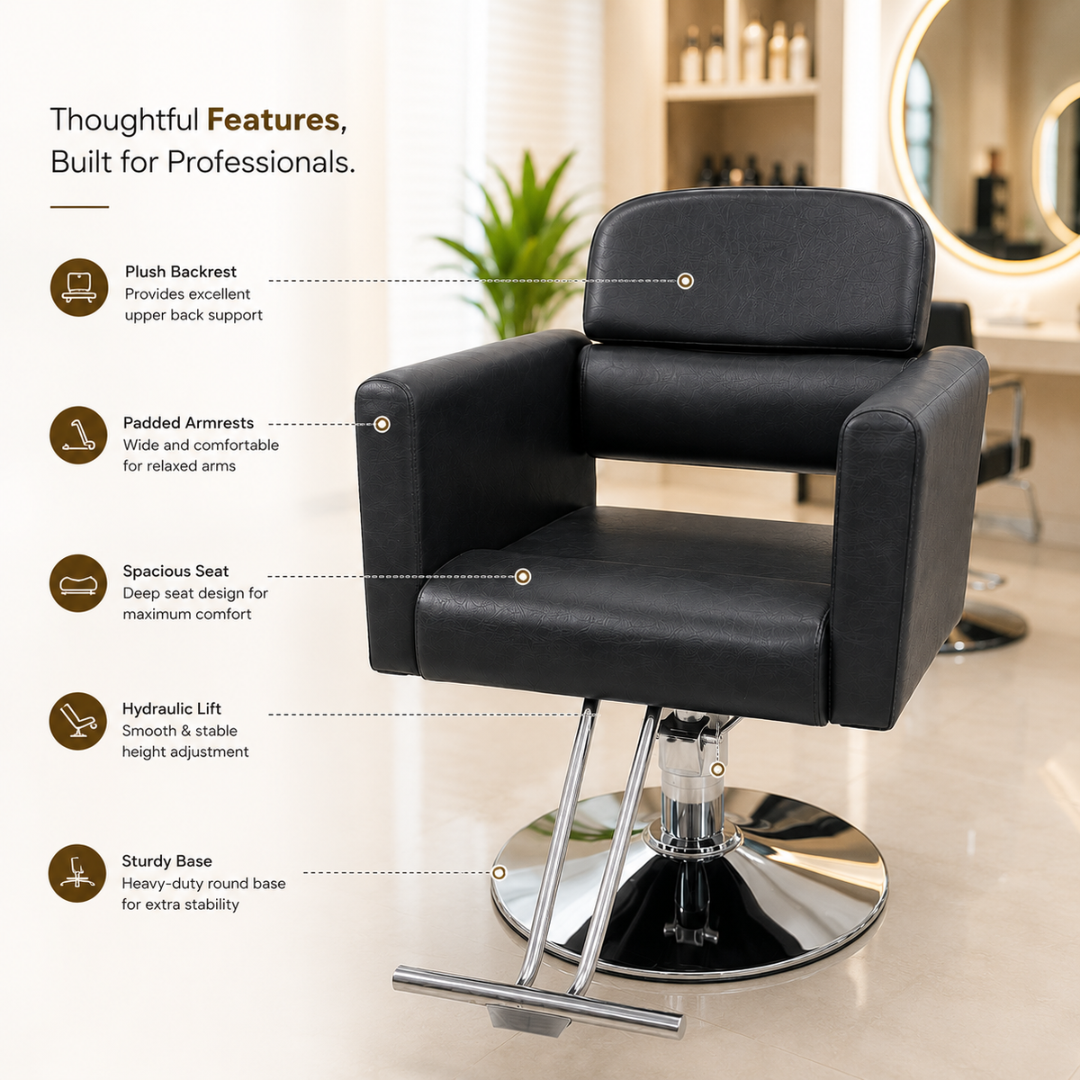 Professional Hydraulic Salon Styling Chair with Wide Cushioned Seat & Footrest for Hair Salon Spa Beauty Equipment Black | VYBEÂ®