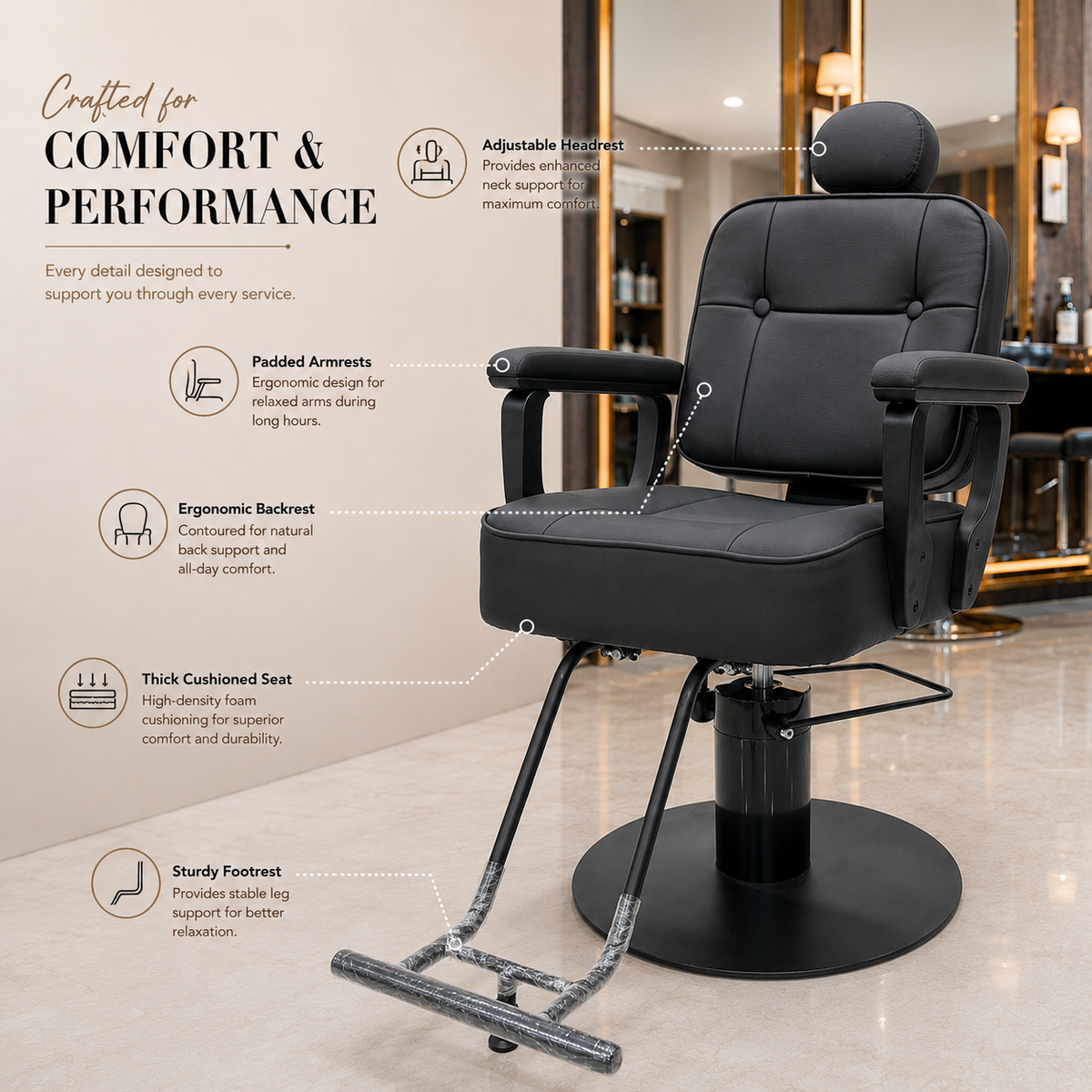 Professional Hydraulic Salon Styling Chair with Adjustable Headrest & Footrest | VYBEÂ®