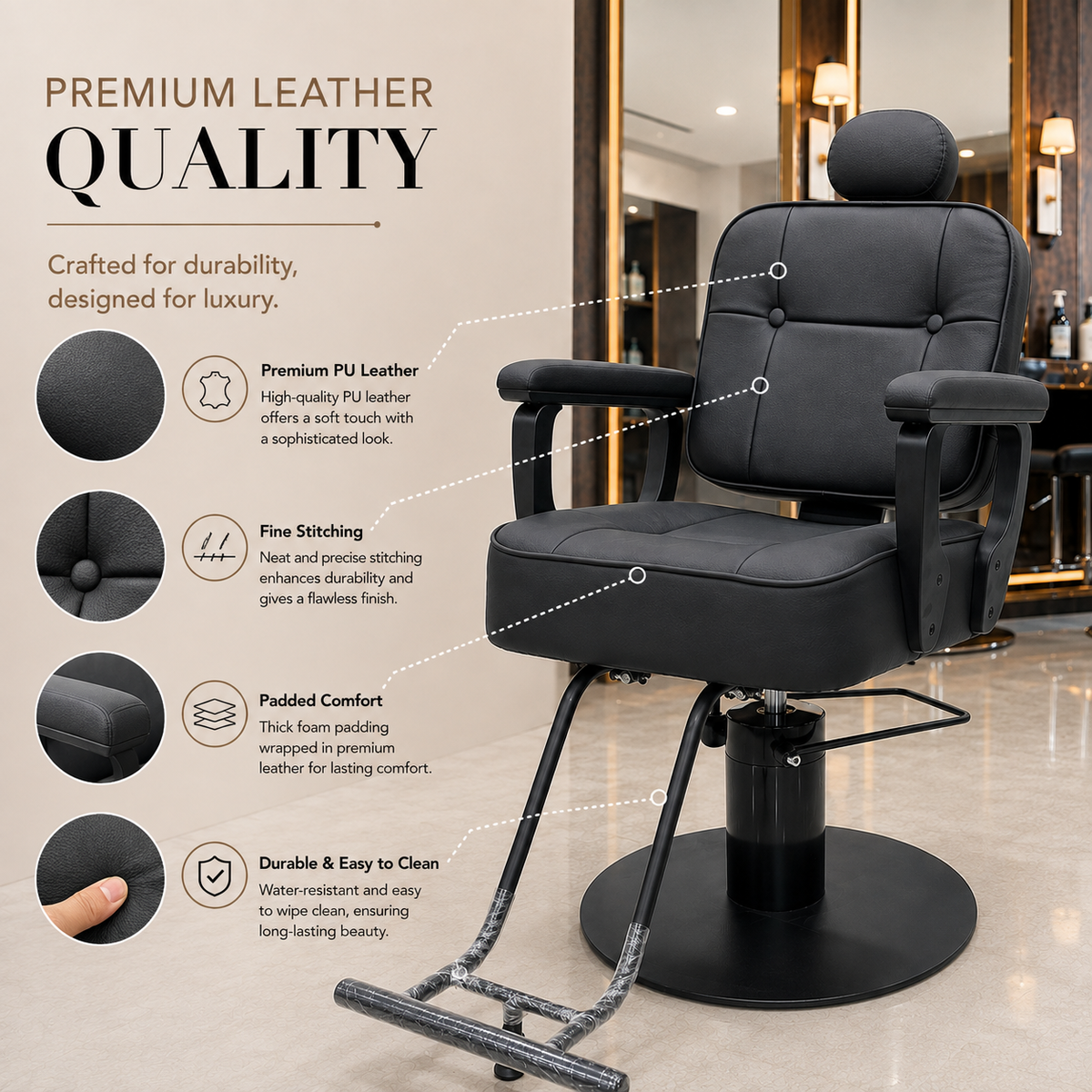 Professional Hydraulic Salon Styling Chair with Adjustable Headrest & Footrest | VYBEÂ®