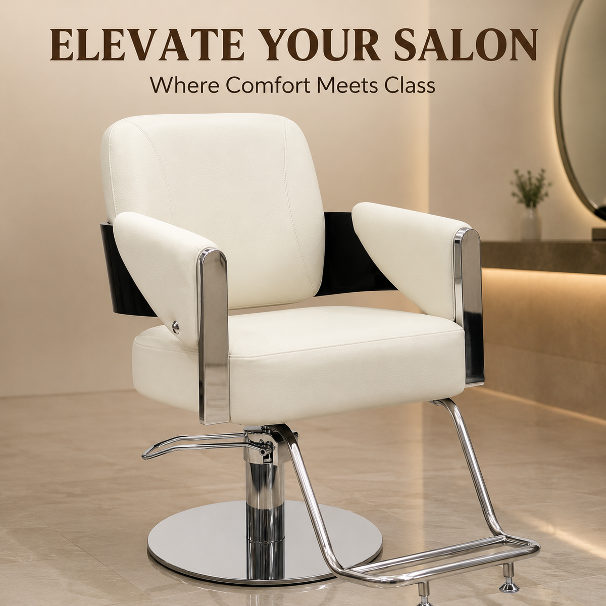 Premium White Hydraulic Salon Styling Chair with Chrome Armrests & Footrest for Beauty Salon | VYBEÂ®