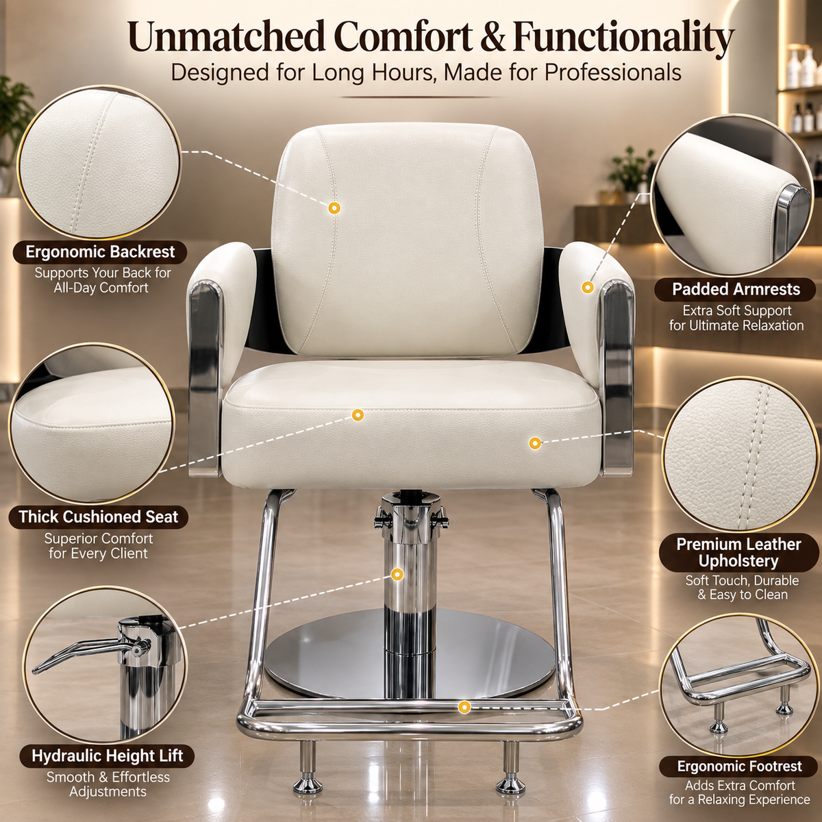 Premium White Hydraulic Salon Styling Chair with Chrome Armrests & Footrest for Beauty Salon | VYBEÂ®