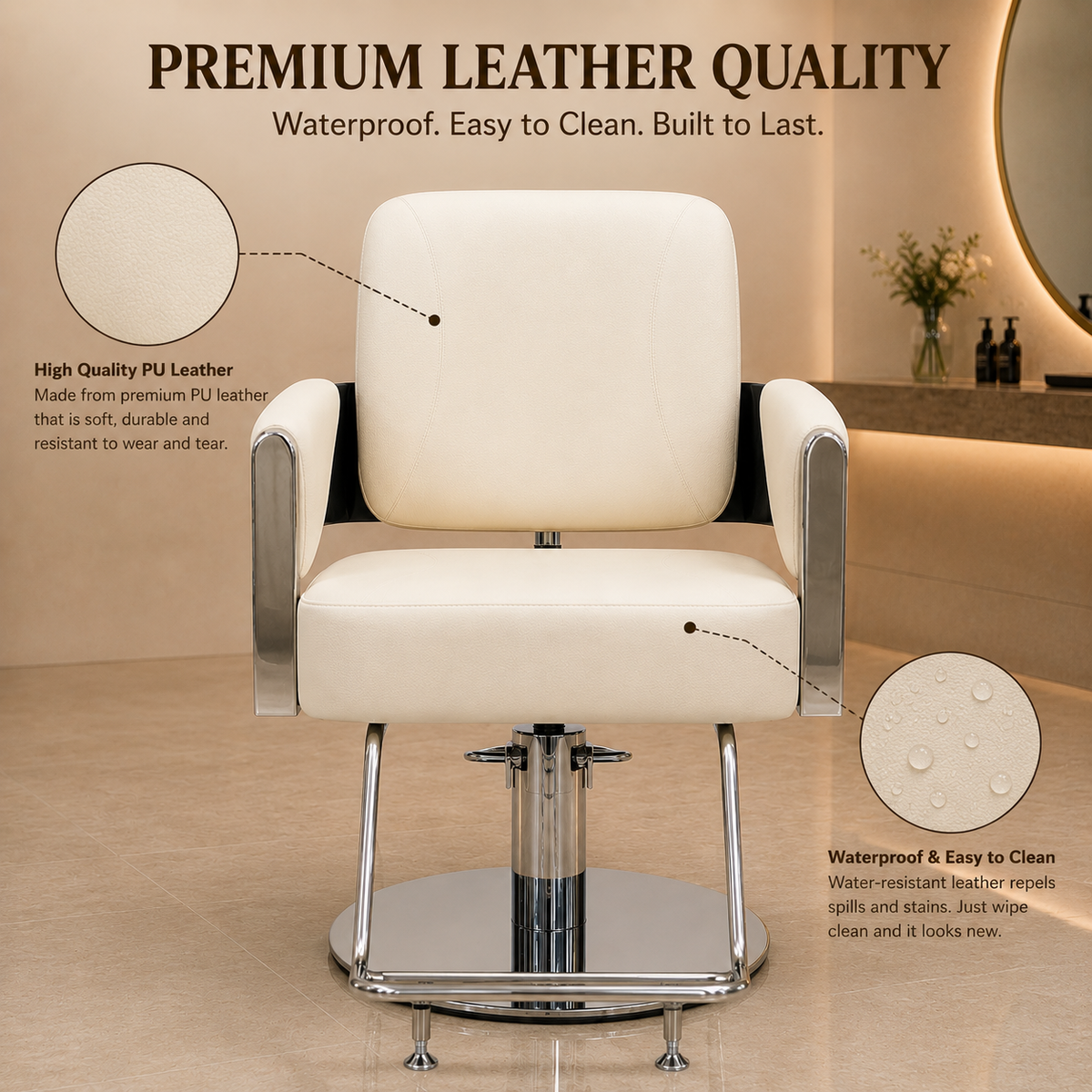Premium White Hydraulic Salon Styling Chair with Chrome Armrests & Footrest for Beauty Salon | VYBEÂ®
