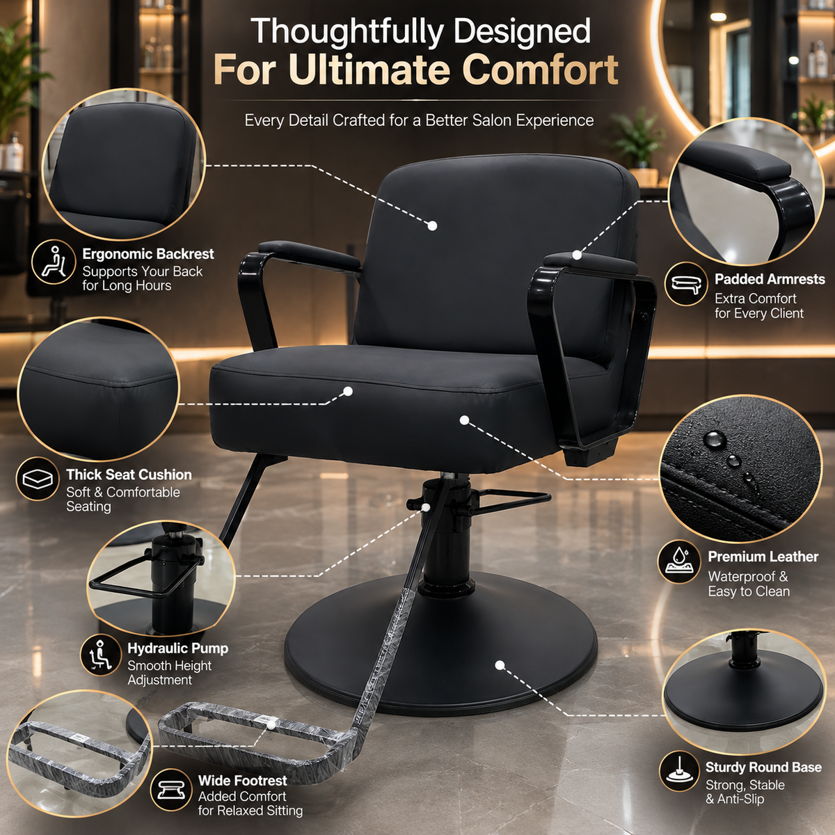 Professional Hydraulic Salon Styling Chair with Footrest & PU Leather Black | VYBEÂ®