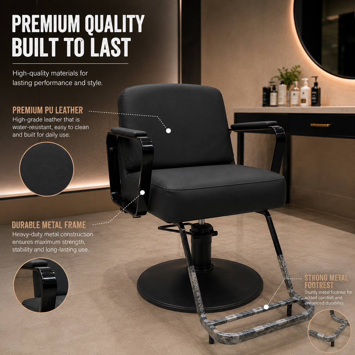 Professional Hydraulic Salon Styling Chair with Footrest & PU Leather Black | VYBEÂ®