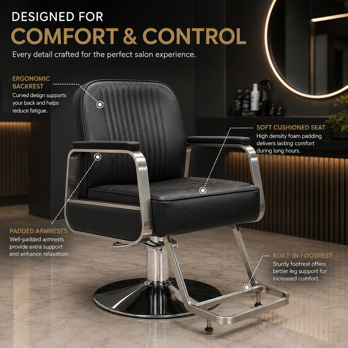 Professional Hydraulic Salon Styling Chair with Premium PU Leather, Metal Armrests & Footrest VYBEÂ®