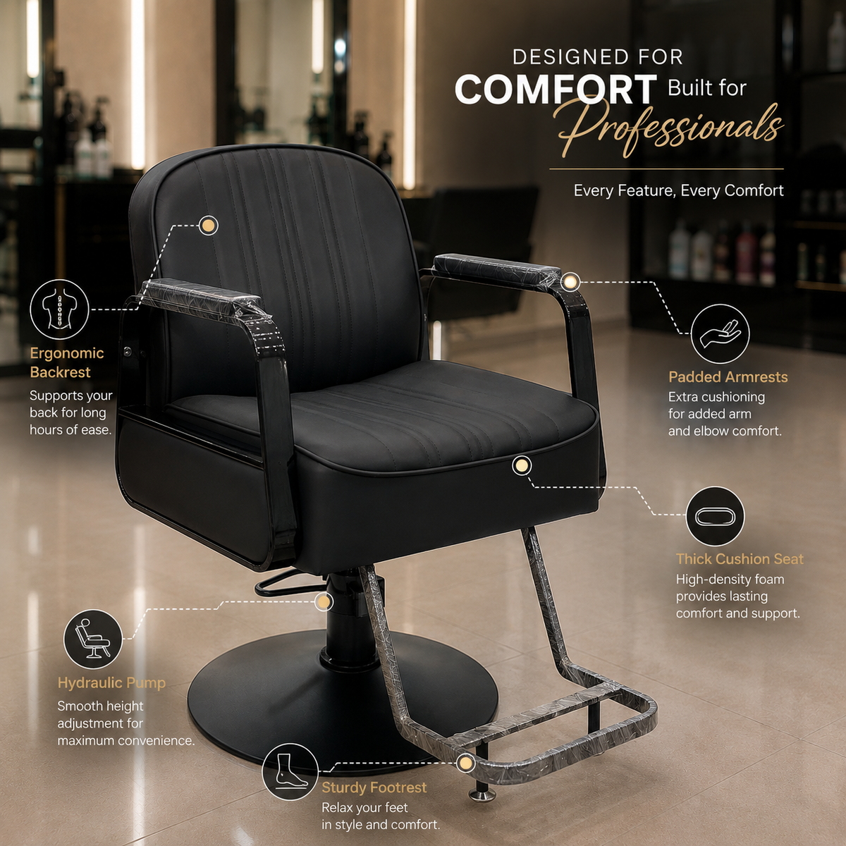 Professional Hydraulic Salon Styling Chair with Padded Armrests & Footrest | VYBEÂ®