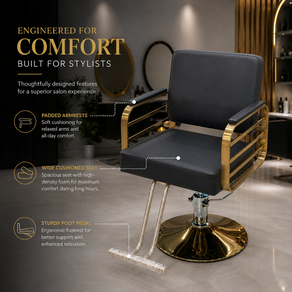 Luxury Gold Frame Hydraulic Salon Styling Chair with Premium PU Leather VYBEÂ®