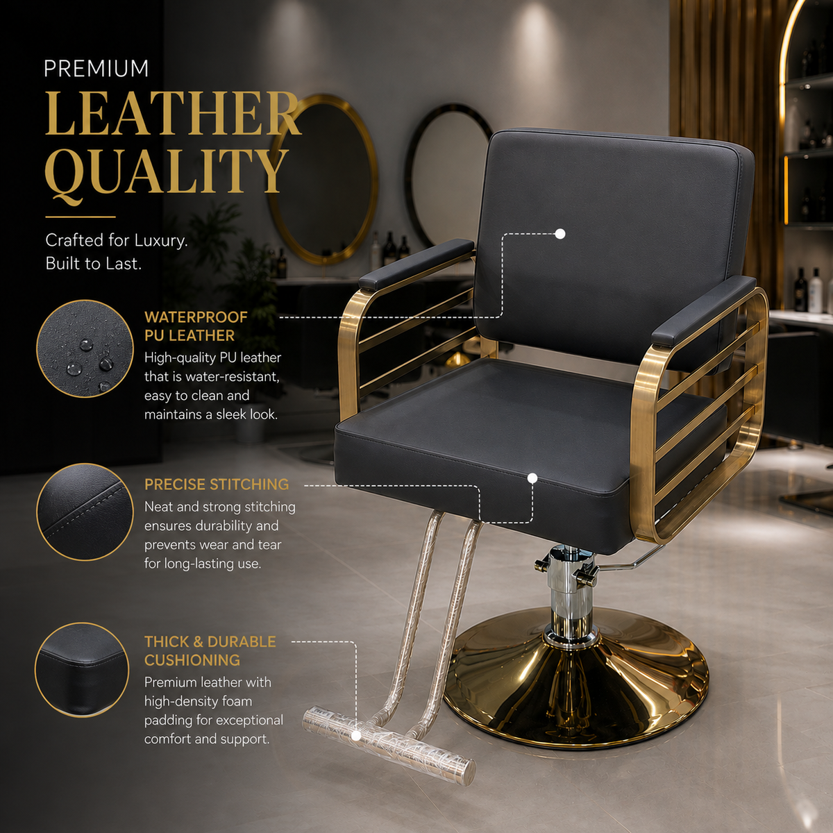 Luxury Gold Frame Hydraulic Salon Styling Chair with Premium PU Leather VYBEÂ®