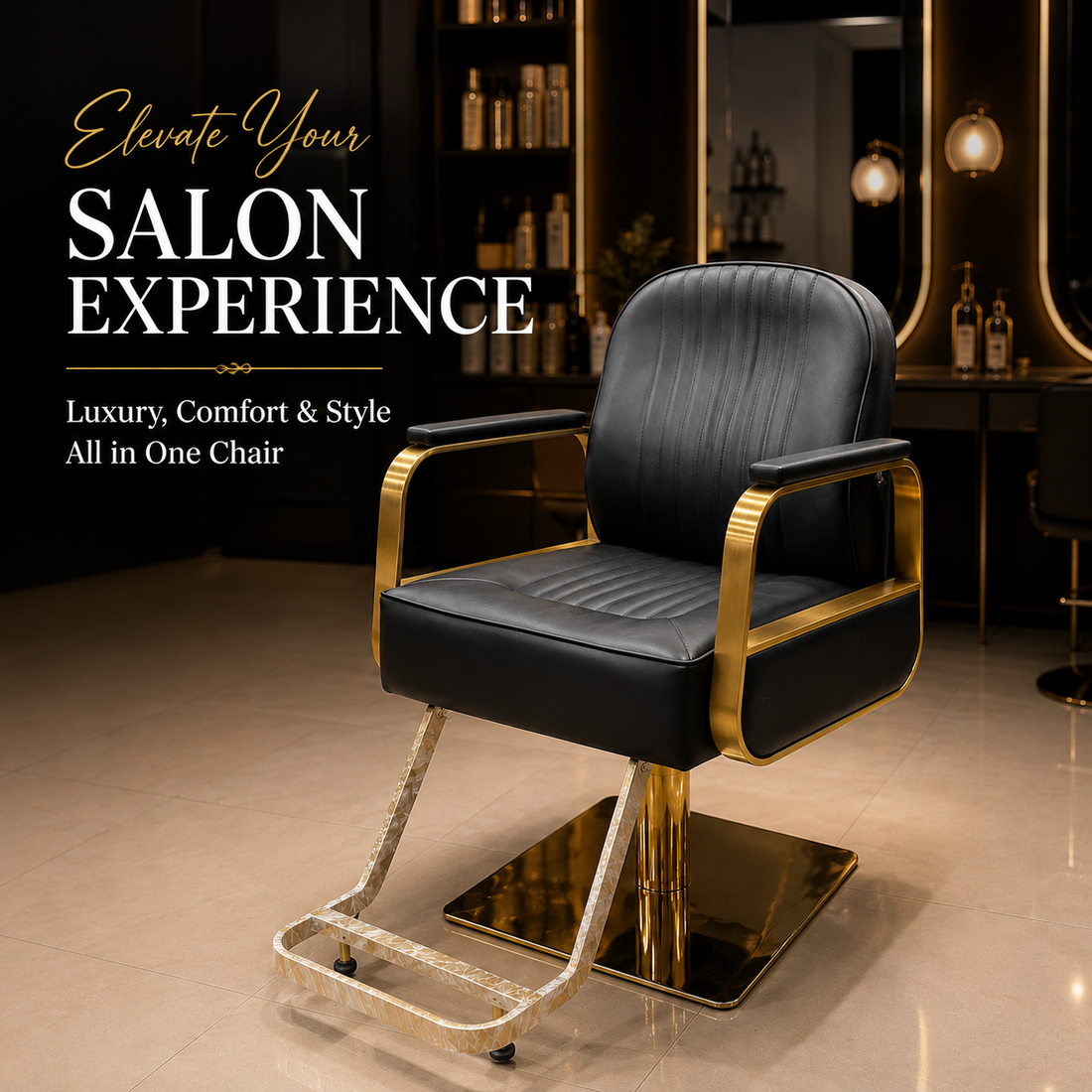 Luxury Gold Hydraulic Salon Styling Chair with Premium PU Leather, Ergonomic Backrest & Heavy-Duty Square Base | VYBEÂ®
