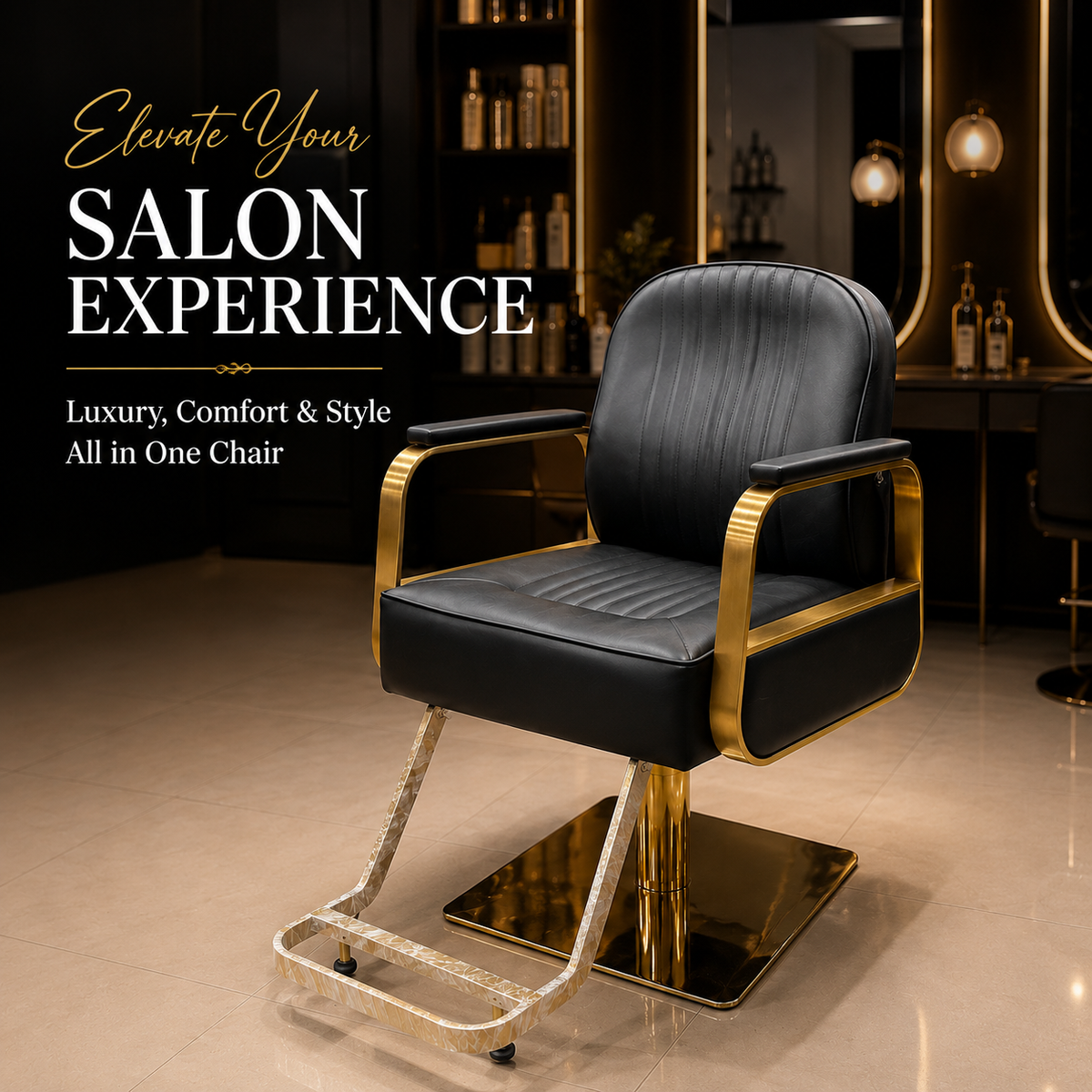 Luxury Gold Hydraulic Salon Styling Chair with Premium PU Leather, Ergonomic Backrest & Heavy-Duty Square Base | VYBEÂ®