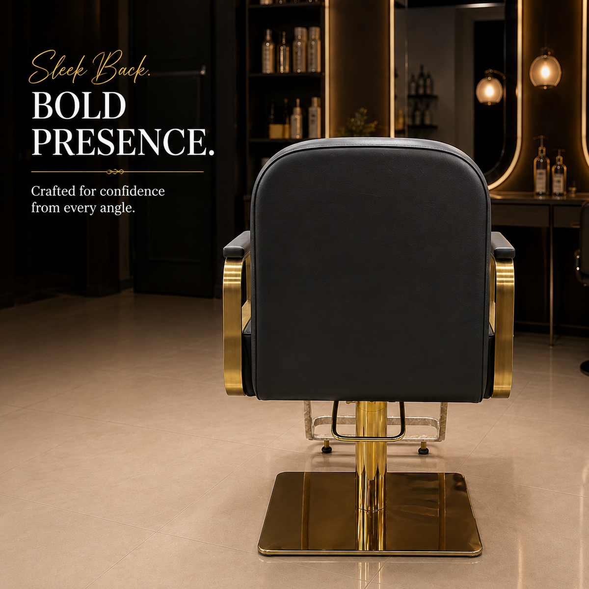 Luxury Gold Hydraulic Salon Styling Chair with Premium PU Leather, Ergonomic Backrest & Heavy-Duty Square Base | VYBEÂ®