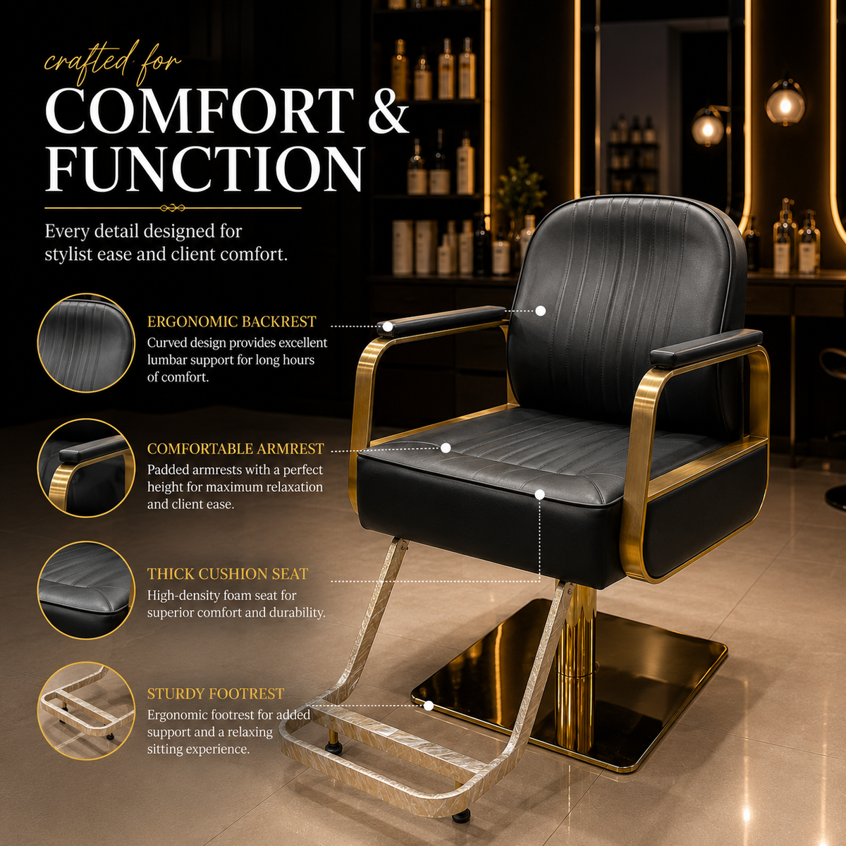 Luxury Gold Hydraulic Salon Styling Chair with Premium PU Leather, Ergonomic Backrest & Heavy-Duty Square Base | VYBEÂ®