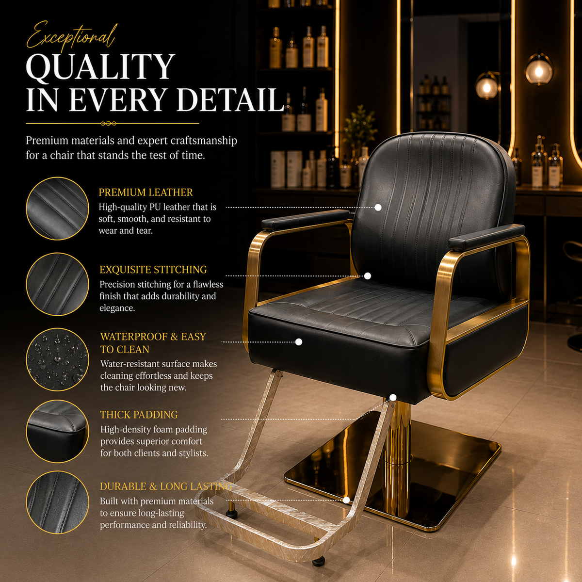 Luxury Gold Hydraulic Salon Styling Chair with Premium PU Leather, Ergonomic Backrest & Heavy-Duty Square Base | VYBEÂ®