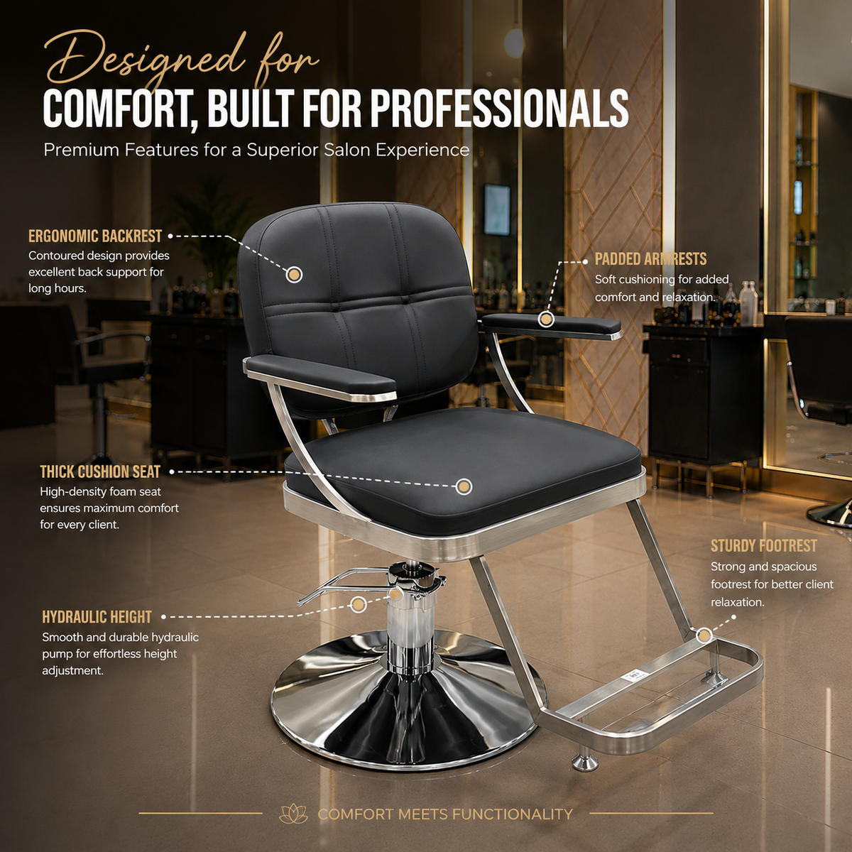 Professional Hydraulic Salon Styling Chair with Metal Armrests, PU Leather, Heavy-Duty Base for Hair & Beauty Salon | VYBEÂ®