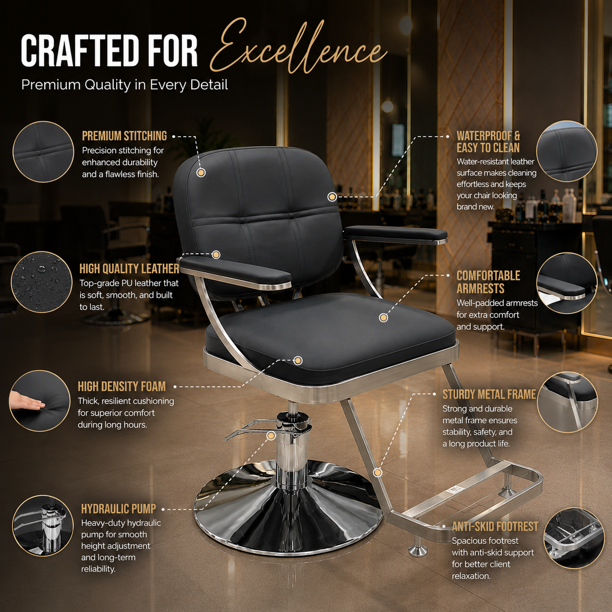 Professional Hydraulic Salon Styling Chair with Metal Armrests, PU Leather, Heavy-Duty Base for Hair & Beauty Salon | VYBEÂ®
