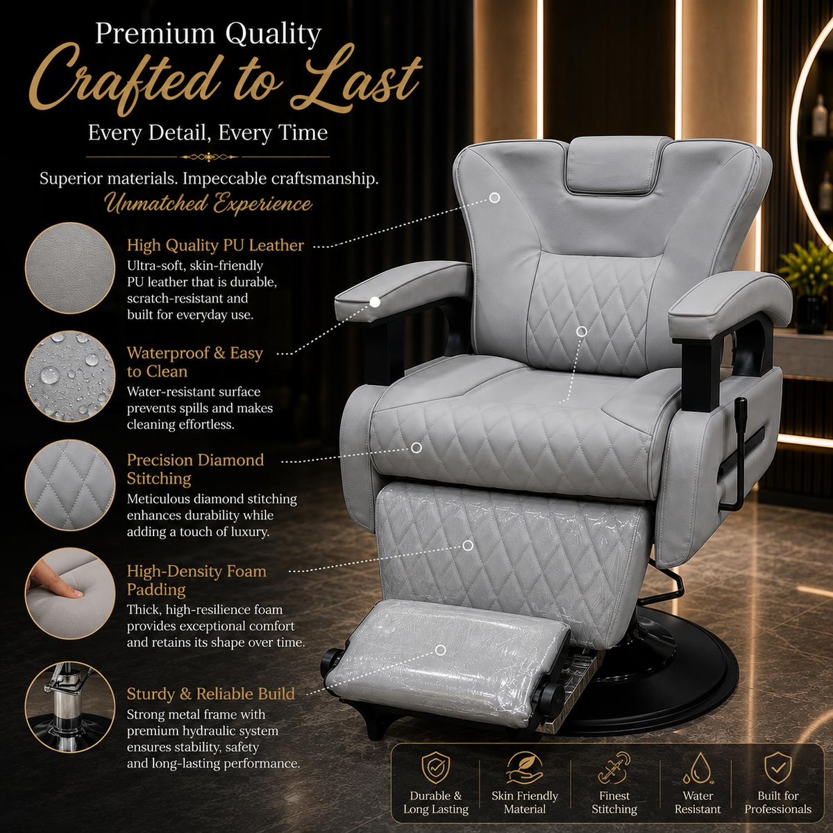 Professional Hydraulic Reclining Barber Chair with Adjustable Headrest & Convertible Bed for Salon, Spa, Facial, Tattoo & Beauty Studio | VYBEÂ®