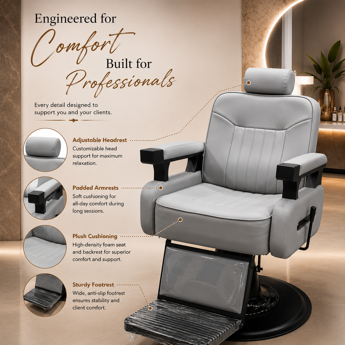 Professional Hydraulic Barber Chair with Adjustable Headrest, Heavy-Duty Salon Styling Chair with Footrest & Premium PU Leather for Barbershop, Salon & Spa | VYBEÂ®