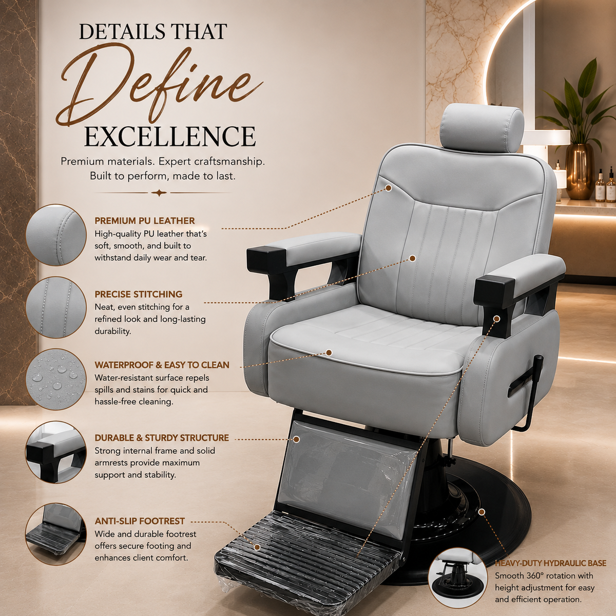 Professional Hydraulic Barber Chair with Adjustable Headrest, Heavy-Duty Salon Styling Chair with Footrest & Premium PU Leather for Barbershop, Salon & Spa | VYBEÂ®