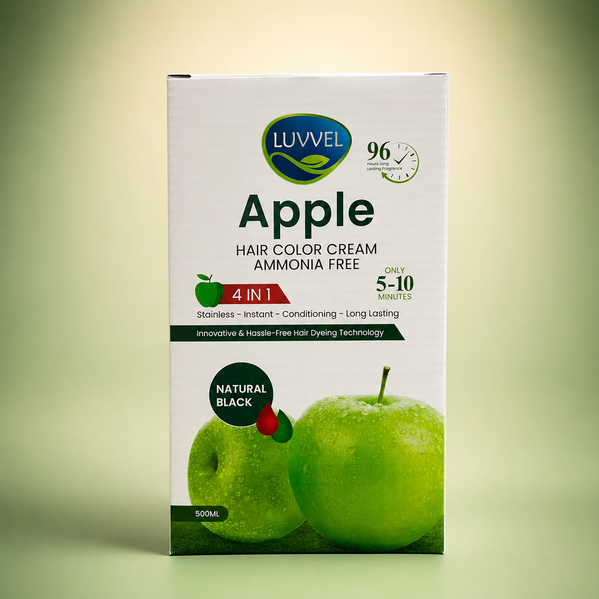 Luvvel Apple Hair Color Cream 500ml â€“ Ammonia-Free Natural Black | VYBEÂ®