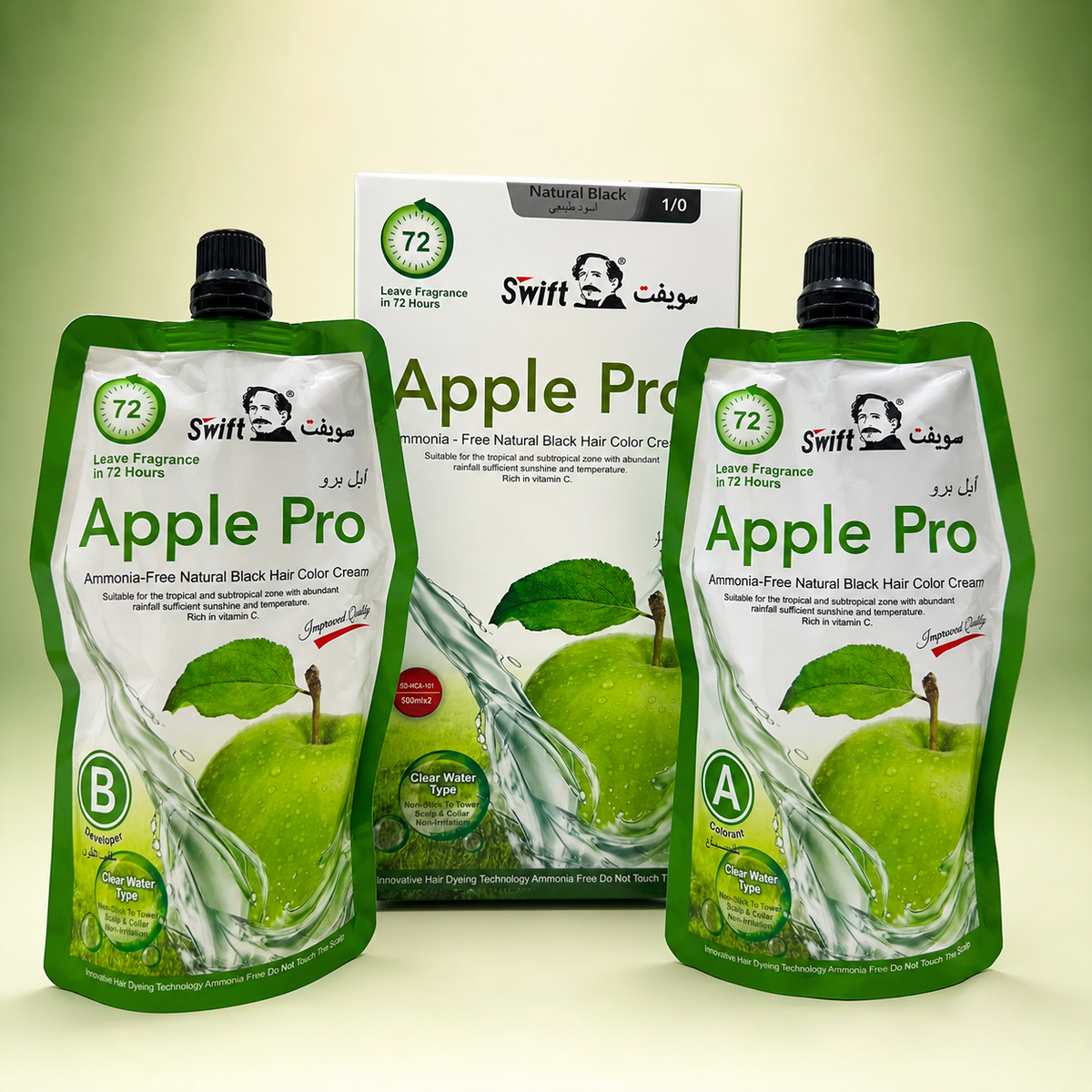 Swift Apple Pro Ammonia-Free Natural Black Hair Color Cream (A+B Pouch Set) | VYBEÂ®
