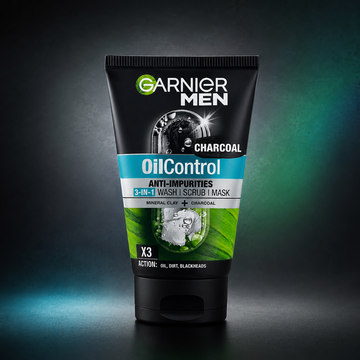 Garnier Men Oil Control Charcoal 3-in-1 Face Wash, Scrub & Mask 100ml | VYBEÂ®