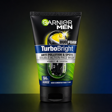 Garnier Men TurboBright Duo Foam Anti-Pollution & Spots Double Action Face Wash 100ml | VYBEÂ®