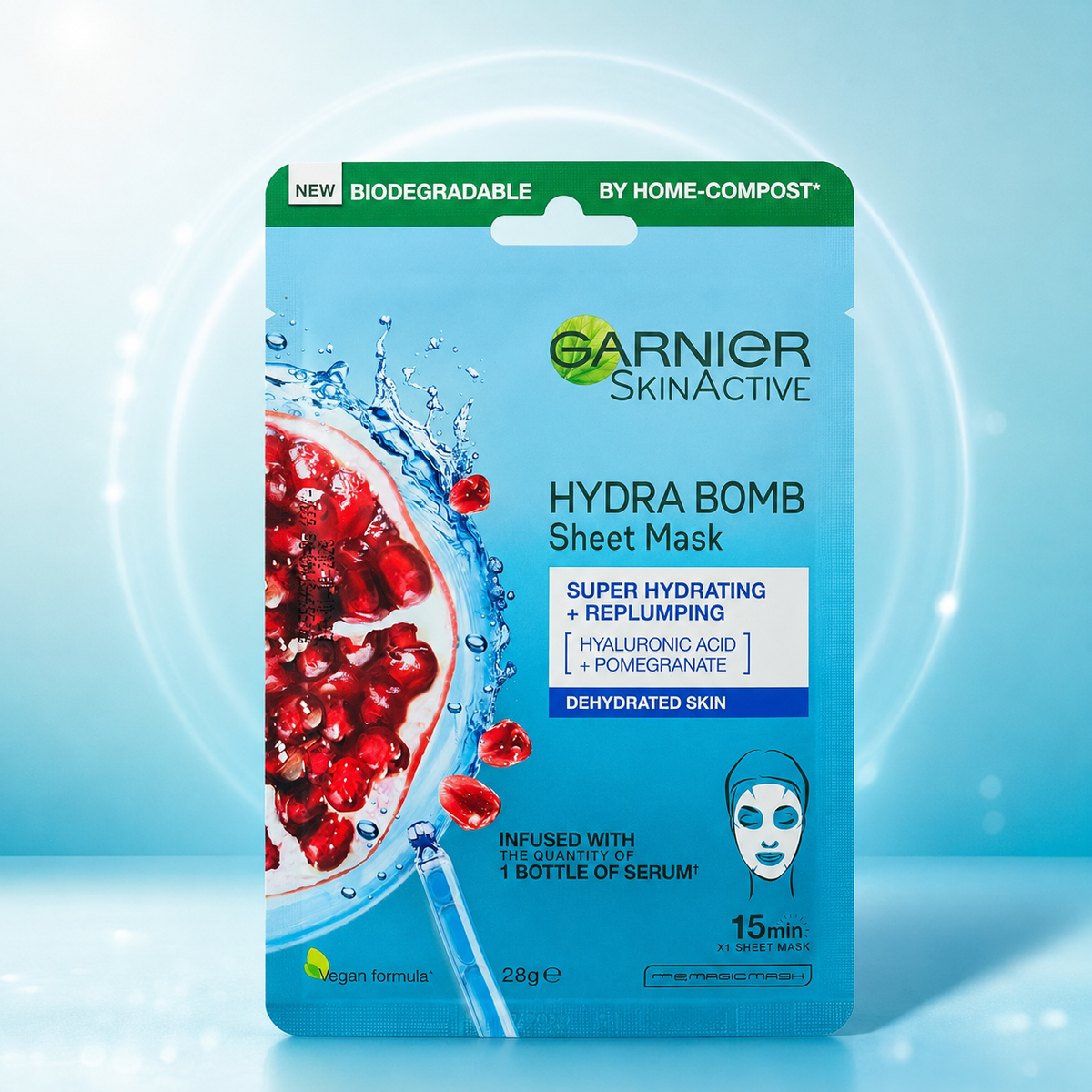 Garnier SkinActive Hydra Bomb Super Hydrating & Replumping Sheet Mask with Hyaluronic Acid + Pomegranate 28g | VYBEÂ®