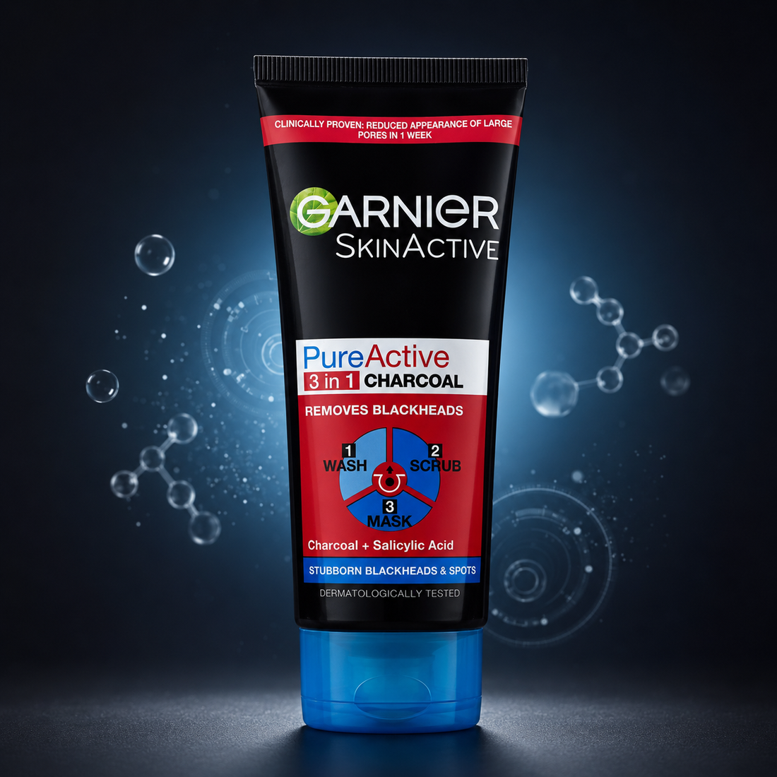 Garnier Skin Naturals Pure Active 3-in-1 Charcoal Face Wash, Scrub & Mask (50ml , 100ml , 150ml)